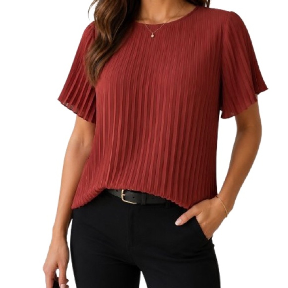 Express Womens Pleated Short Sleeve Blouse Sienna Rust Brown Size Small Office